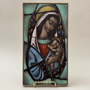 Rare Mid Century Stained Glass Ikon of Mother Mary with Baby Jesus